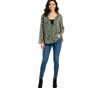 Bob Mackie Art To Wear Green Black Pattern Flowy Sleeve Pullover Blouse Size XL